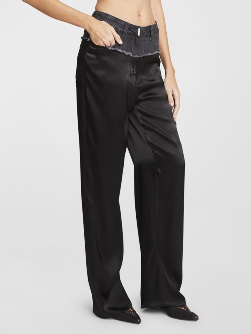 Givenchy Spring 2023 Runway Distressed Denim Satin Straight-Leg Pants 30